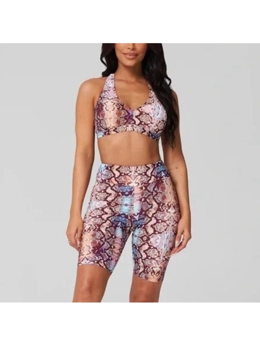 High-Waist Python-Print Women’s Bike Shorts in Blue, Pink, and Brown